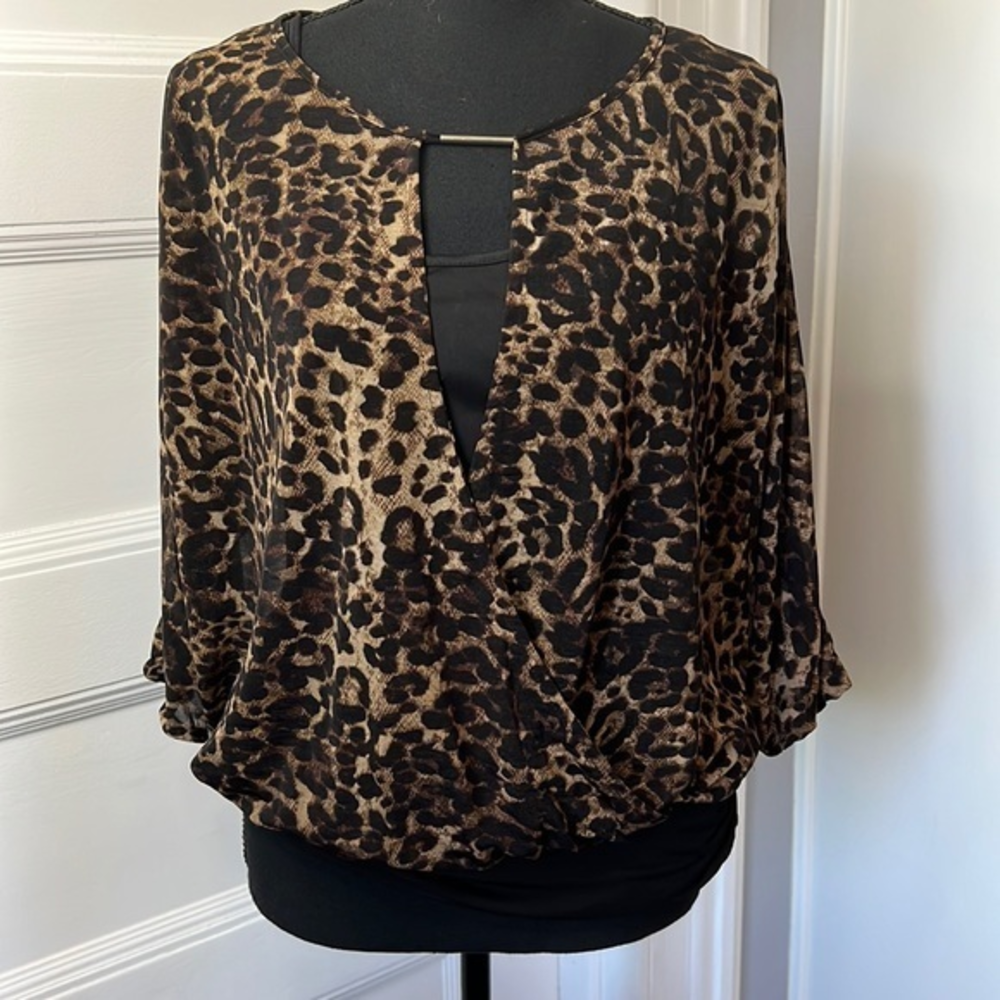 Jennifer Lopez Leopard Print Surplice Blouse - Black and Tan